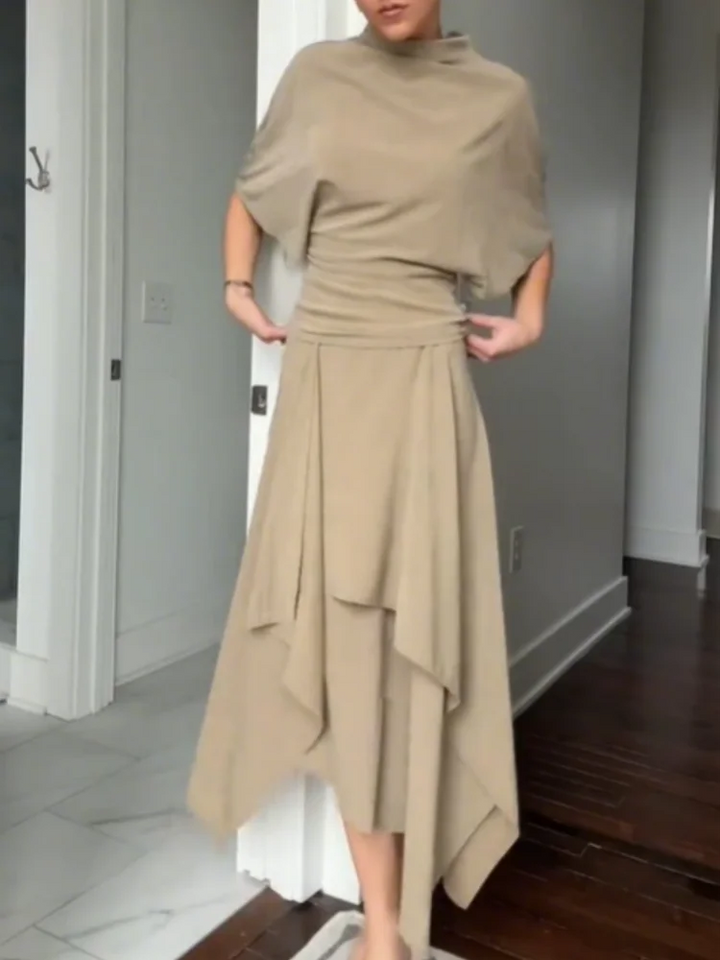 Fashion Elegant Casual Top Skirt Sets High Neck Loose Crop Shirt Irregular Pleated Hem Long Skirt 2026 New Lady Commuter Outfits