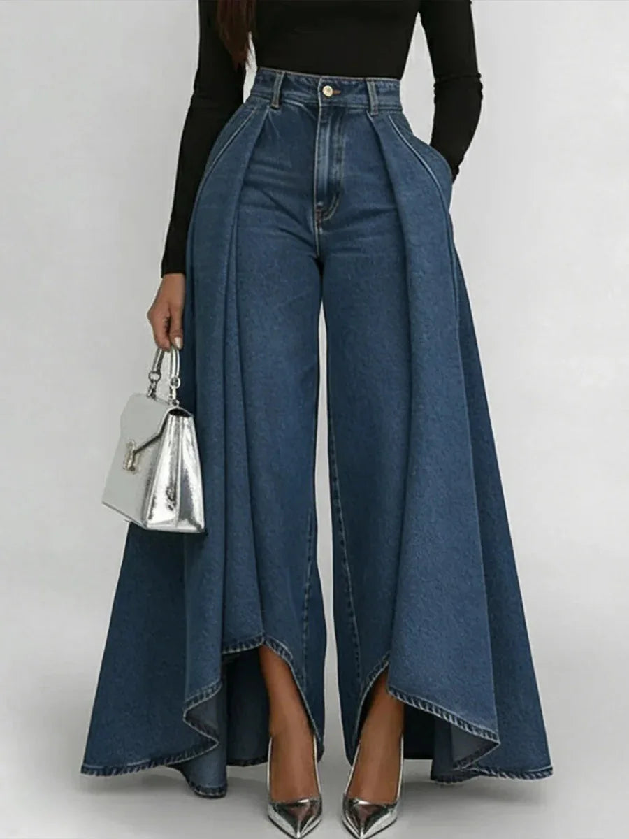 Denim Pant Women Jeans Vintage Wide Leg Long Pants High Waist Straight Trousers Y2k Streetwear Elegant Splice Work Casual Summer