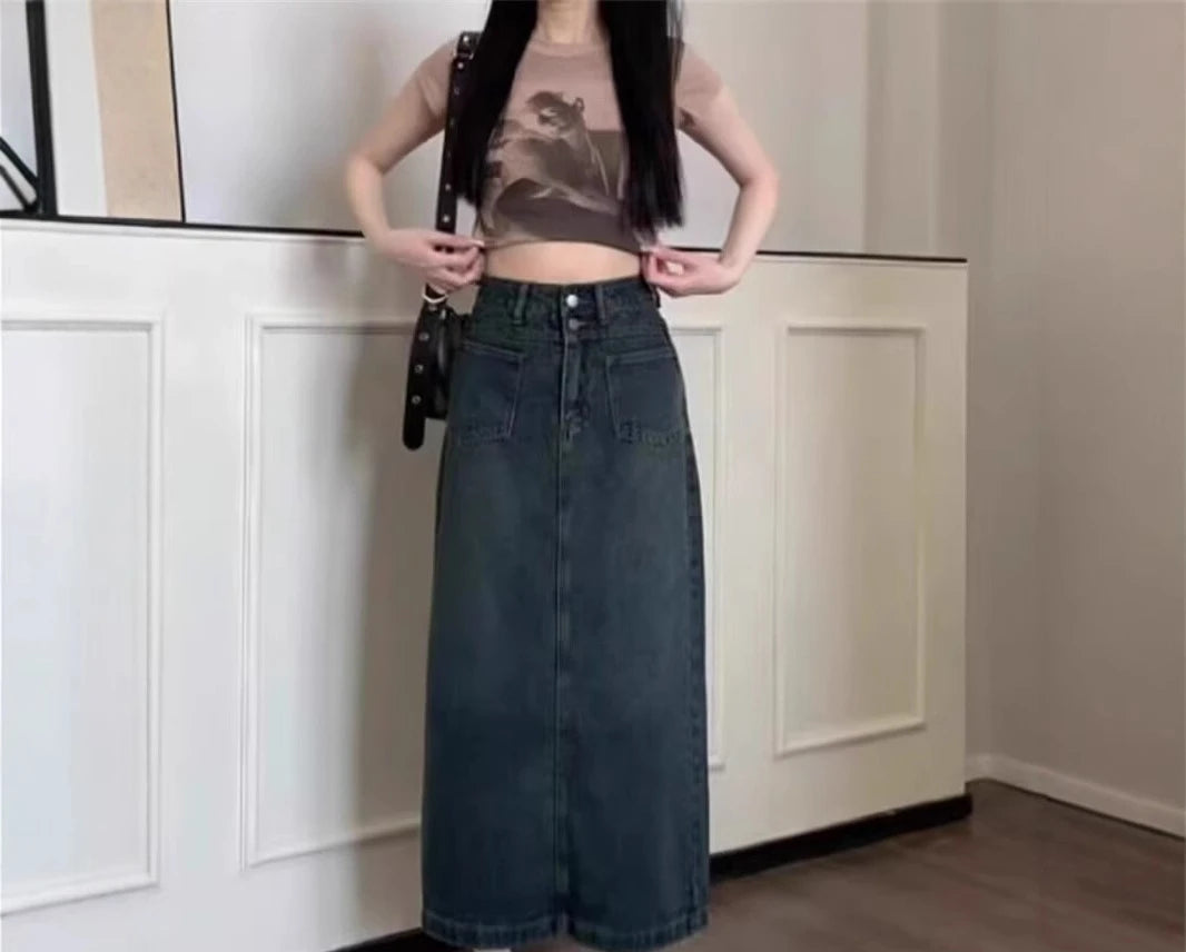 Split Denim Midi Skirt for Women New Plus Size A-line High Waist Long Skirt with Crotch Covering