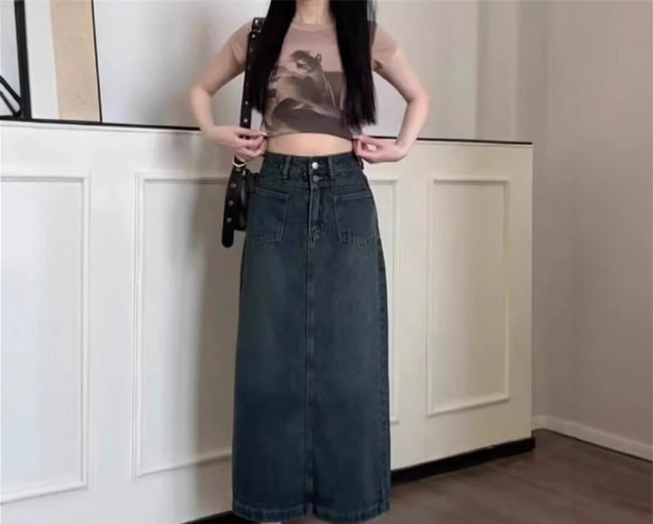 Split Denim Midi Skirt for Women New Plus Size A-line High Waist Long Skirt with Crotch Covering