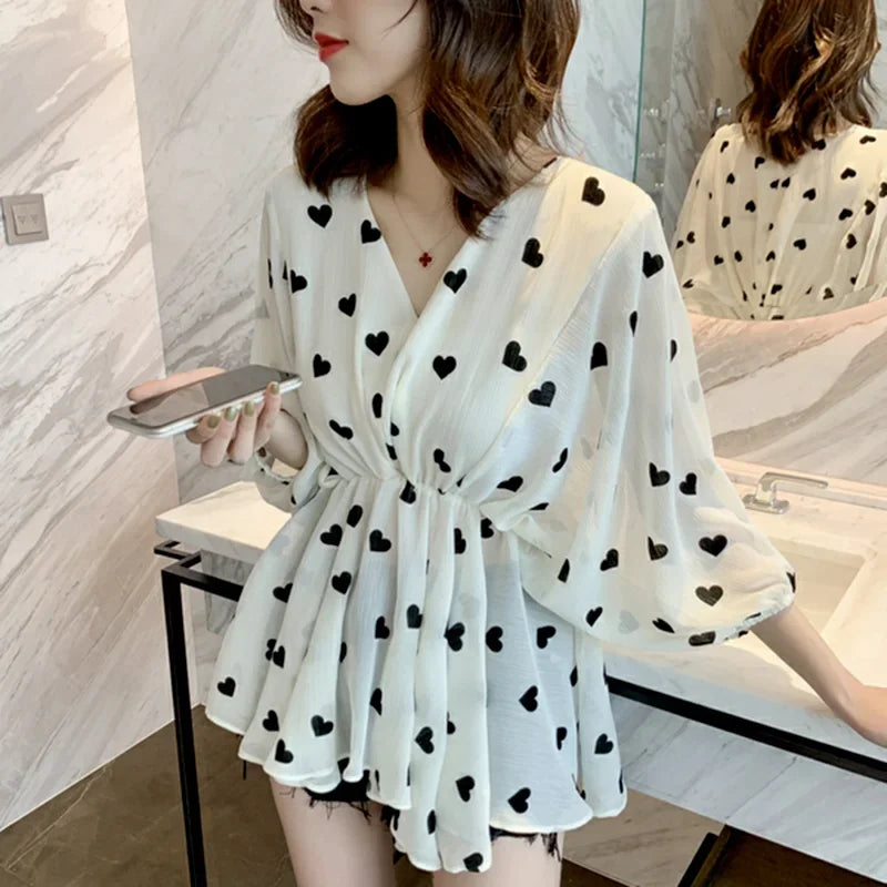 V Neck Tops For Women Pattern Chiffon Womens Shirt &amp; Blouse Loose Clothes Aesthetic M Tall Fine Elegant 2025 Comfortable Y2k S
