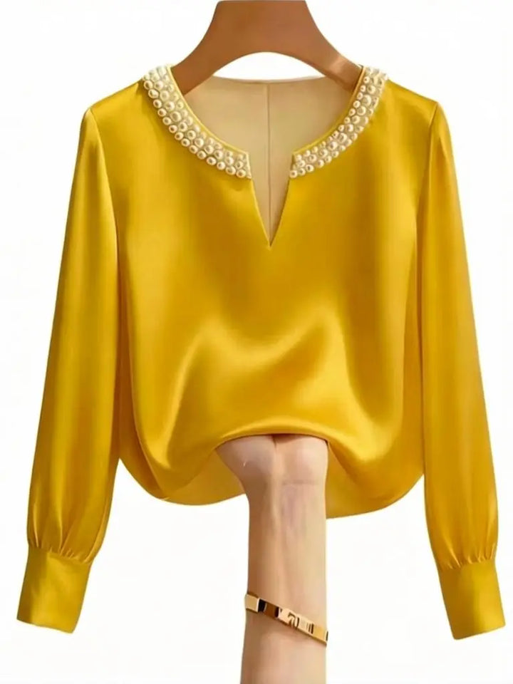 Pearl V-neck Silk Satin Top Women Luxury Elegant Long Sleeve T Shirt Commuter Loose Casual Basic Tees Chic Work Wear
