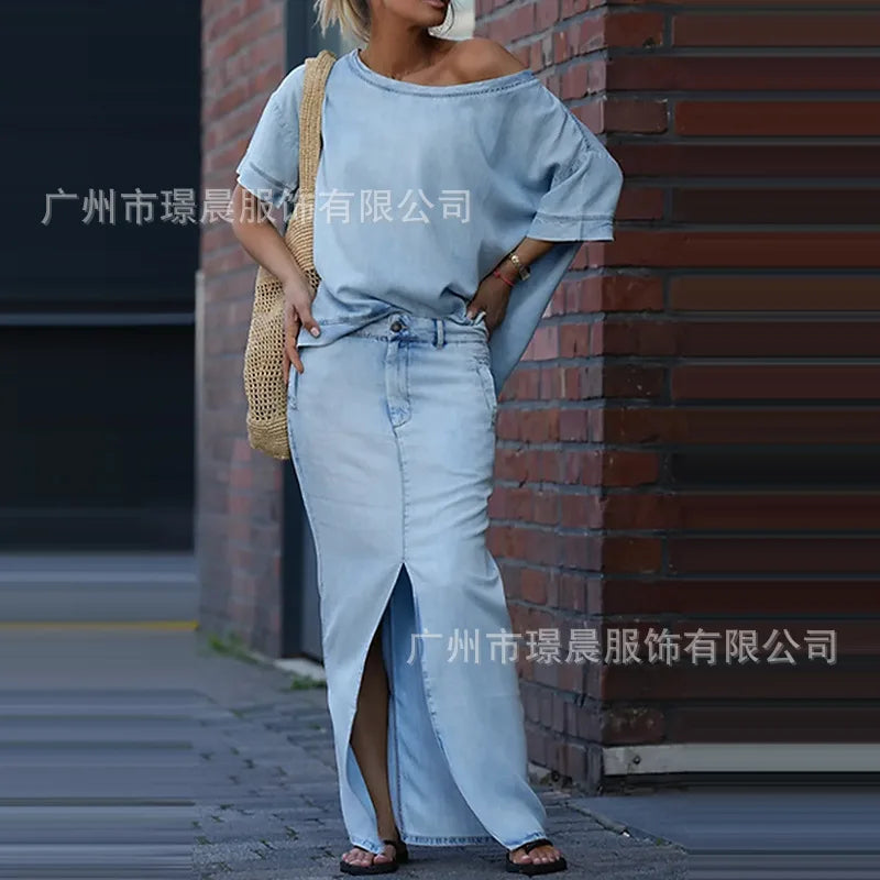 Summer Maxi Skirt Sets Women 2025 Fashion Long Sleeve Loose Tees Tops 2 Pieces Set For Woman Elegant