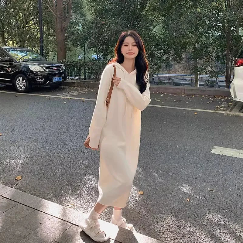 Women Hooded Knit Sweater Dress Long Sleeve Loose Slim Midi Dress Inner Wear For Overcoat Casual Knitwear
