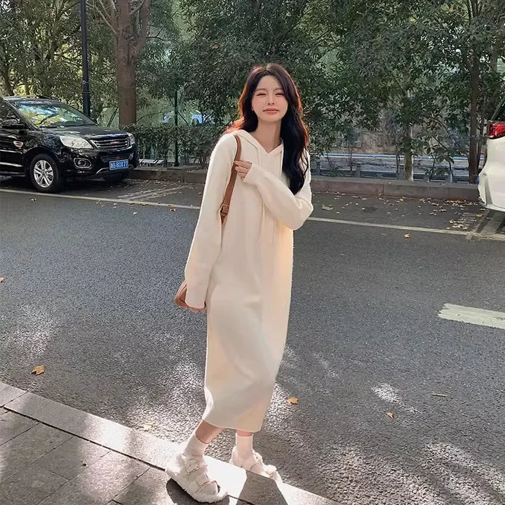 Women Hooded Knit Sweater Dress Long Sleeve Loose Slim Midi Dress Inner Wear For Overcoat Casual Knitwear