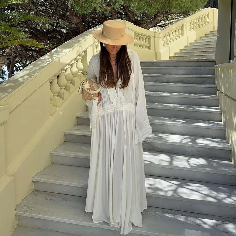 Elegant White Ruffles Maxi Dresses Women Fashion Loose V-Neck Lace-Up Long Robes Female Casual Vacation Birthday Party Vestidos