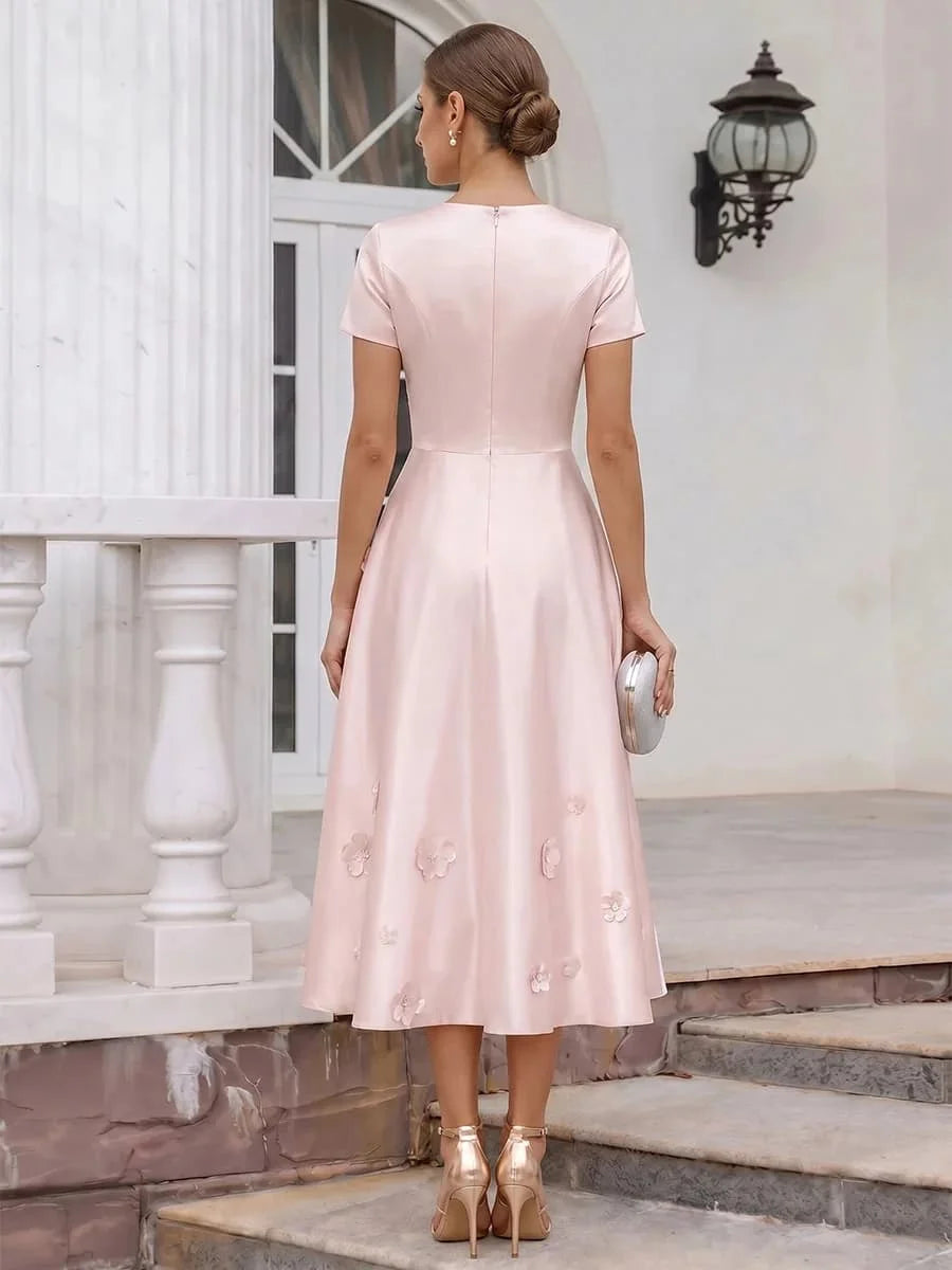 Customized Midi A Line Satin Evening Dress Round Neck Short Sleeve 3D Floral Appliques Flared Elegant Formal Bridal Occasion