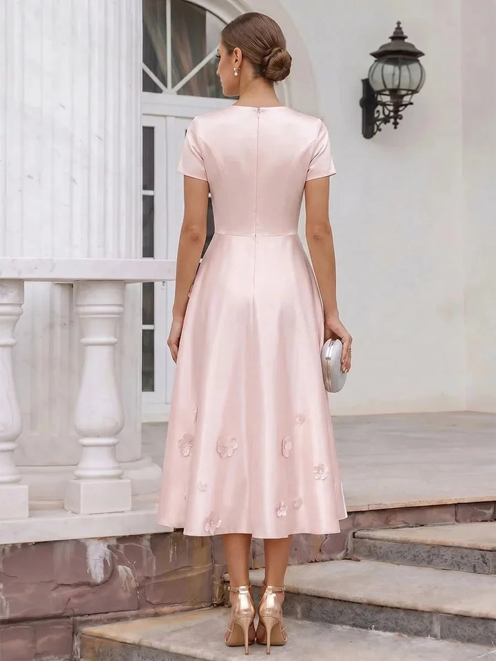 Customized Midi A Line Satin Evening Dress Round Neck Short Sleeve 3D Floral Appliques Flared Elegant Formal Bridal Occasion