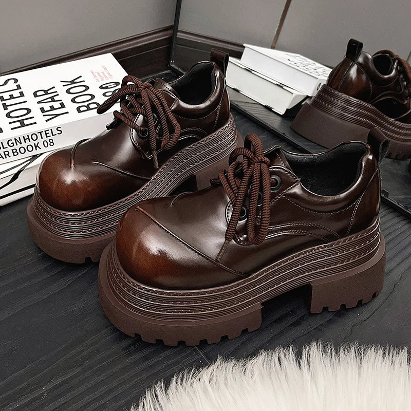 Women Retro Loafers 2025 Spring New Luxury Brand Increase Thick Sole Leather Oxford Shoes Lace Up Outdoor Work Platform Shoes