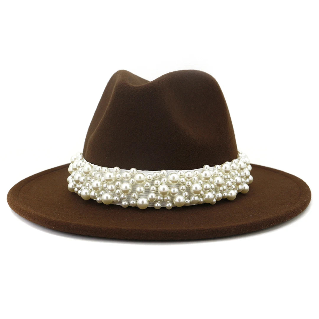 Fedora Hats for Women Wool Felt Panama Hat with Pearl Band Wide Brim Felt Hat Classic Trilby Jazz Hat Church Hats Women Elegant