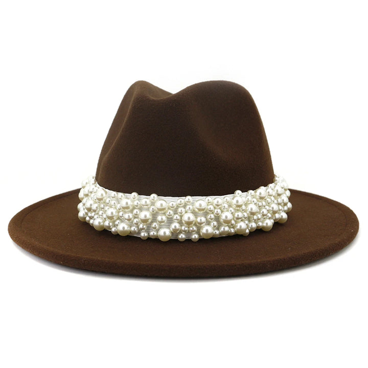 Fedora Hats for Women Wool Felt Panama Hat with Pearl Band Wide Brim Felt Hat Classic Trilby Jazz Hat Church Hats Women Elegant