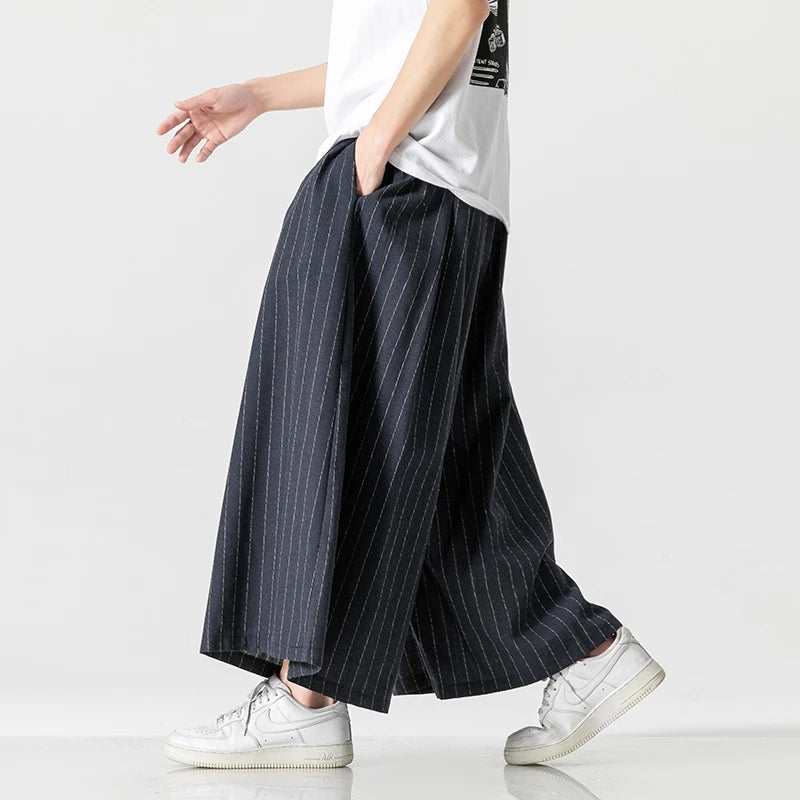 Cotton Linen Men’s Loose Wide Leg Pants Stripe Casual Jogging Trousers Men Harem Pants Fashion Japanese Streetwear Plus Size 5X