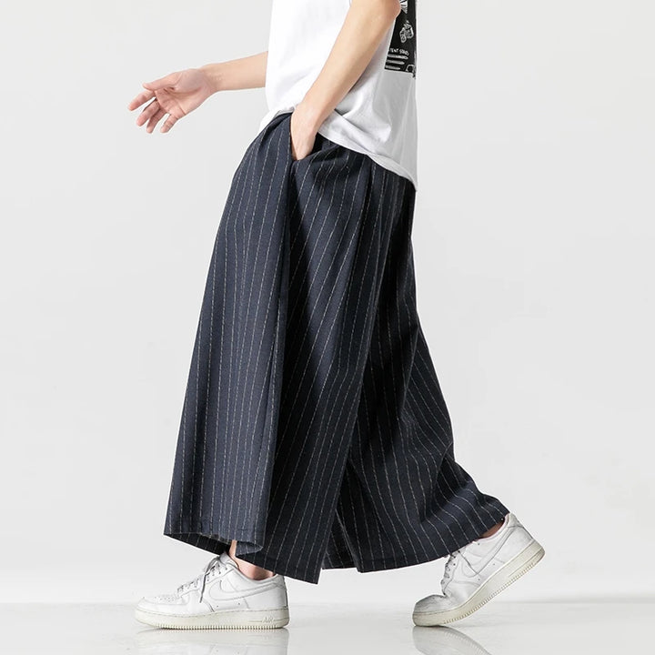 Cotton Linen Men’s Loose Wide Leg Pants Stripe Casual Jogging Trousers Men Harem Pants Fashion Japanese Streetwear Plus Size 5X