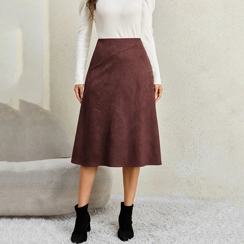 Elegant Faux Suede A Line Skirts Women Autumn Winter Zipper High Waisted Midi Skirt Woman Solid Color Patchwork Thick Skirts