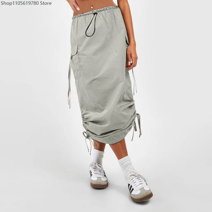 Long Bodycon Sheath Midi Skirt Women Elastic Waist Shirred Ruched Side With Pockets Fashion Streetwear Dating Outfit 2026