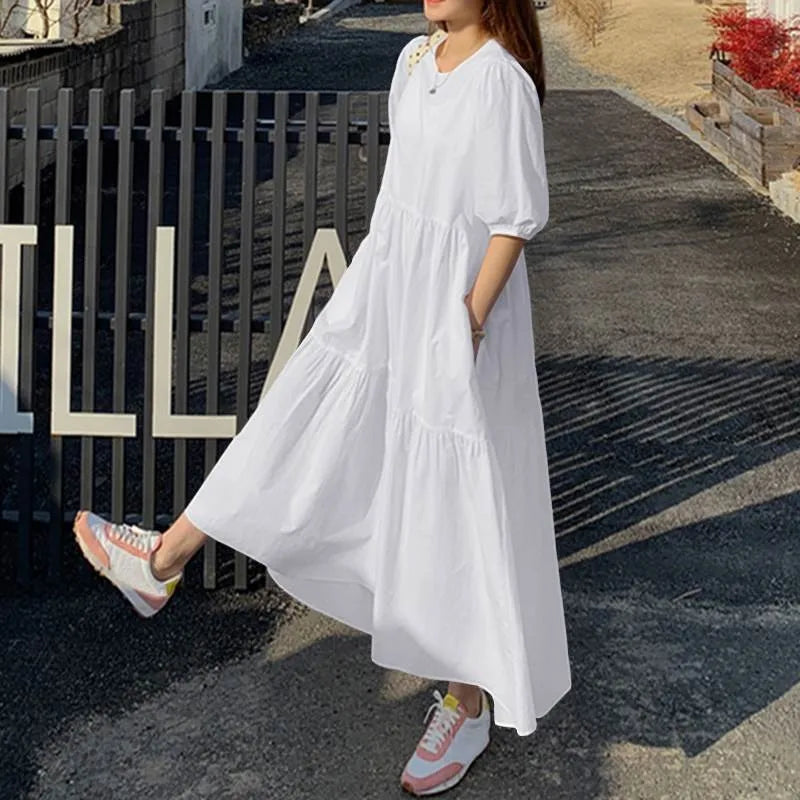 Elegant Red White Dress Women Sundress 2024 Summer Loose Casual Short Sleeve Maxi Vestidos Female O-neck Simples Robe Femme