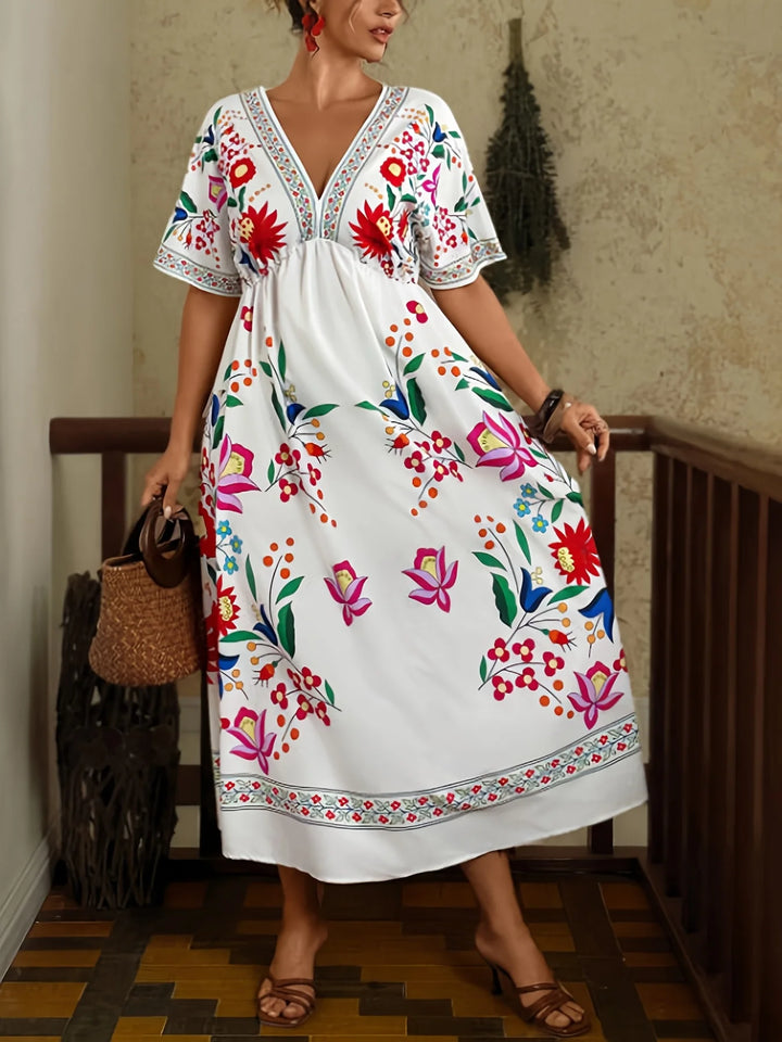 Elegant Bohemian Maxi Dress V-Neck Floral Print Spring Summer Women&