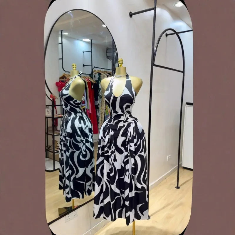 Maxi Tiered Dresses for Woman Backless Sexy Summer Vacation Dress Slim Fit Sleeveless Elegant Black and White Long Dress