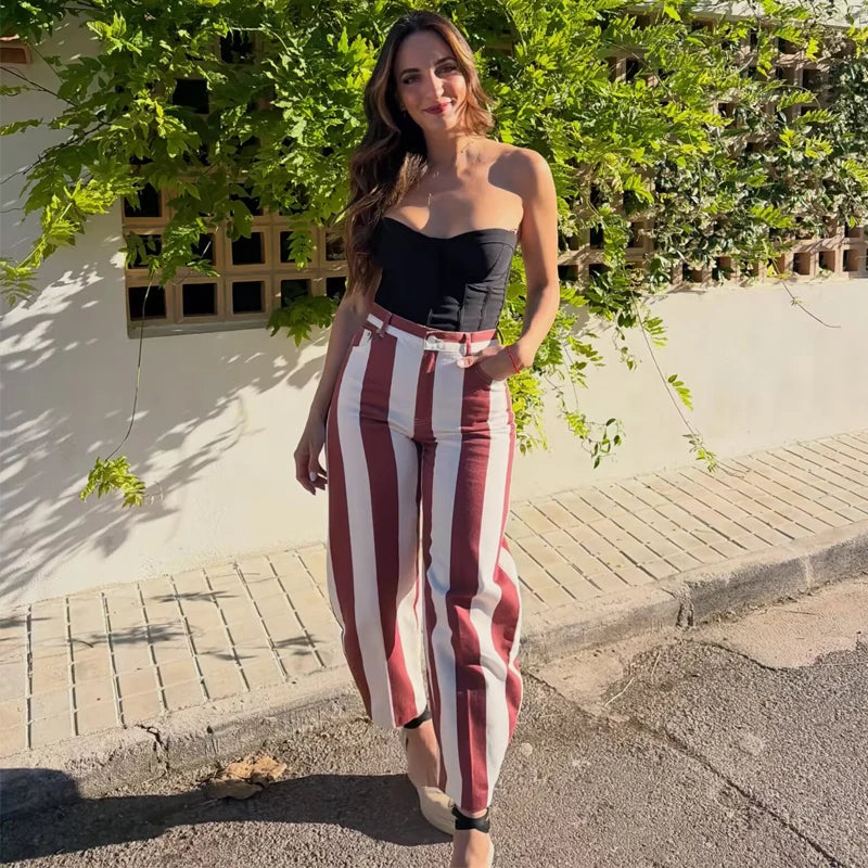 MUJER Striped Denim Jeans for Women High Waist Mom Jeans Pants Woman Summer Baggy Jeans Woman Streetwear Casual Women's Jeans