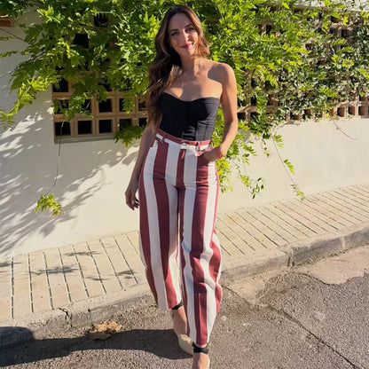 MUJER Striped Denim Jeans for Women High Waist Mom Jeans Pants Woman Summer Baggy Jeans Woman Streetwear Casual Women's Jeans
