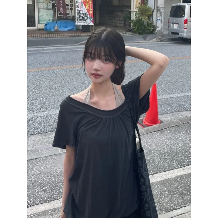 Women Off-Shoulder Short Sleeve T-shirt Loose Casual Y2K Style Summer Top
