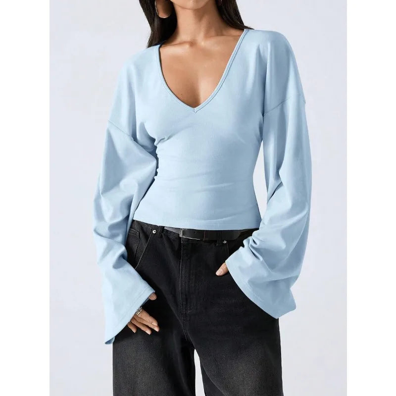 Women V Neck Flare Long Sleeve Crop Top Slim Fit Basic T Shirt Casual Y2K Streetwear Elegant Daily Fashion Blouse Tops