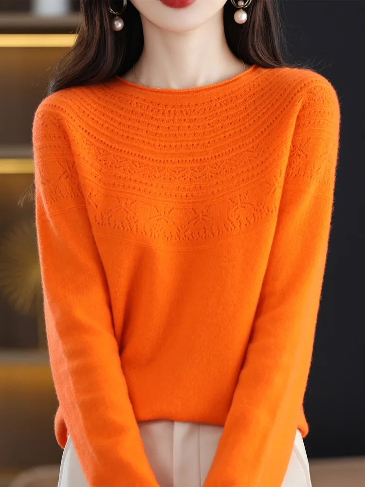 Women 100% Merino Wool Sweater Autumn Winter Pullovers O-Neck Hollow Cashmere Knitwear Female Basic Bottoming Clothing Tops