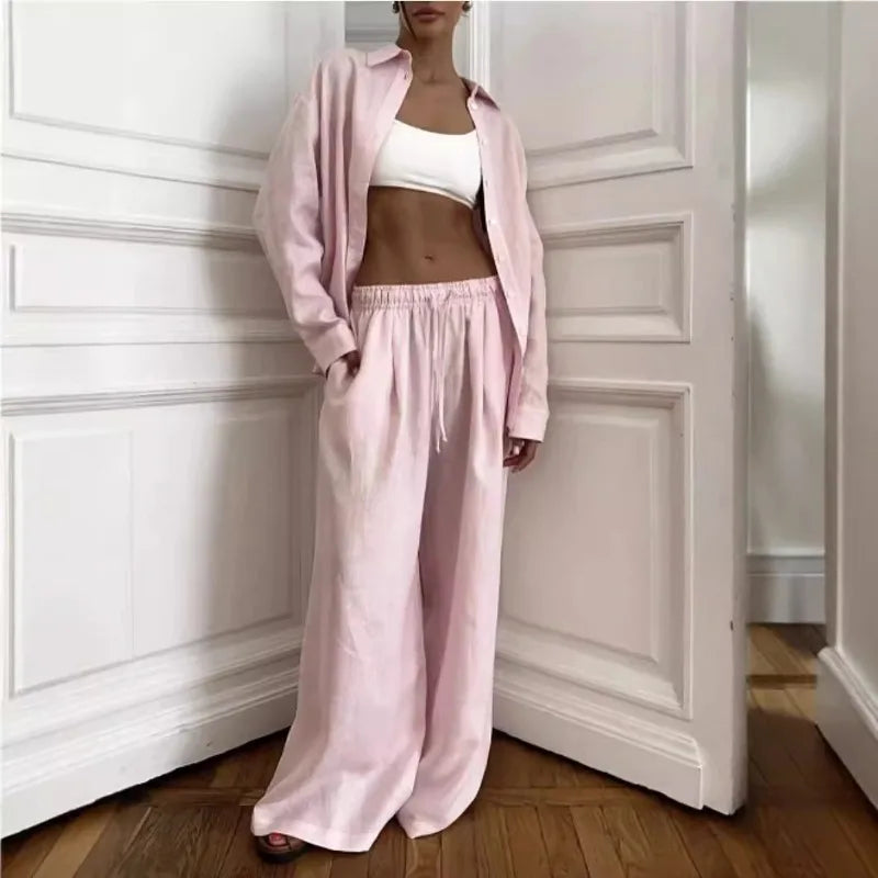 Women Pink Linen Two Piece Set Oversized Long Sleeve Shirt Elastic Waist Wide Leg Pants Casual Outfit