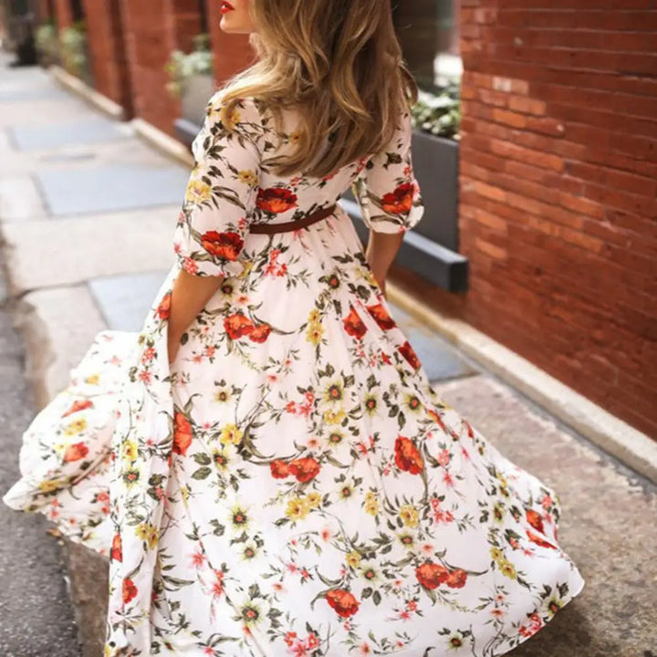 Slim-fitting Printed Dress Elegant Floral Maxi Dress for Women A-line Silhouette High Waist Design Half Sleeve Detail for Spring