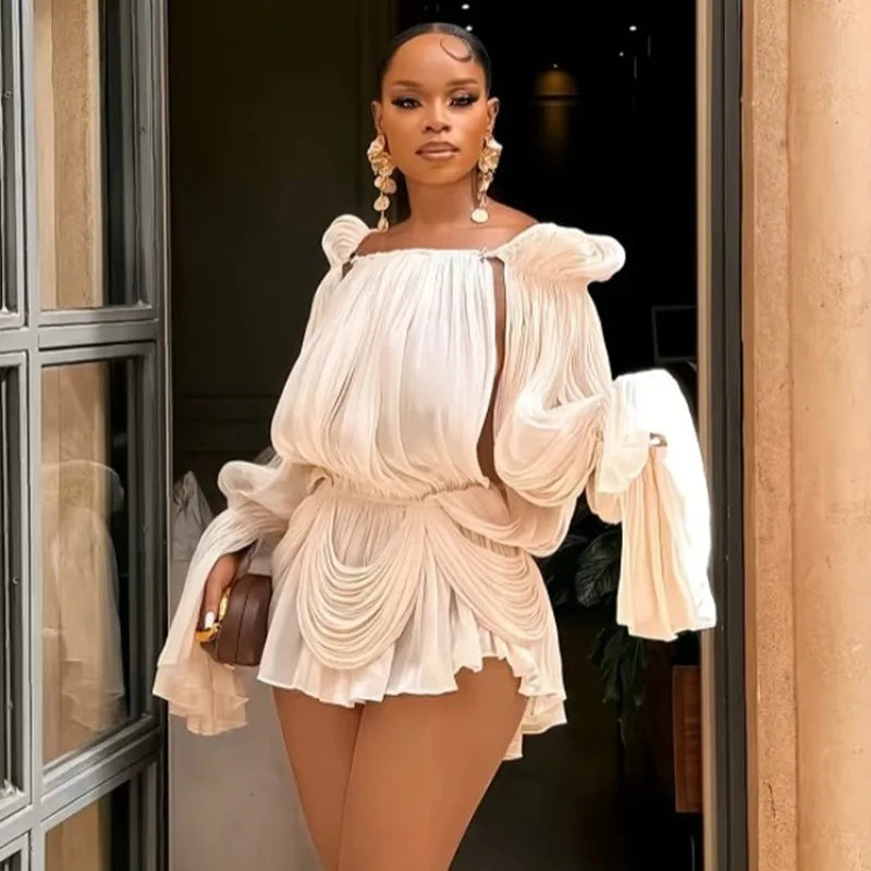 Satin Off-Shoulder Pleated Mini Dress for Women Fashion Puff Sleeve Cinched Waist Prom Party Skirt 2026 NEW Spring Lady Dresses