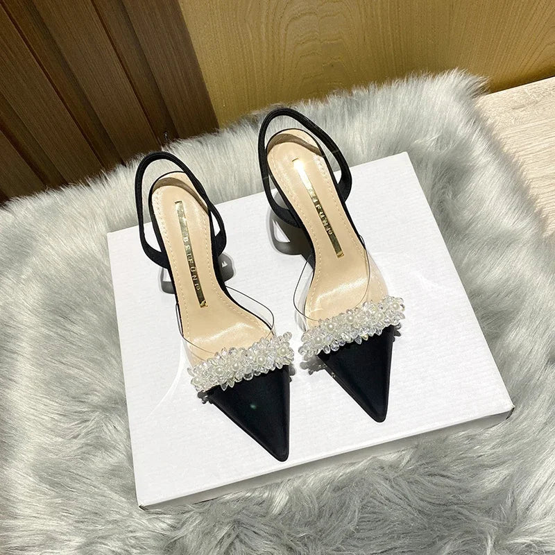 Women Slingback High Heels Summer Luxury Sandals Women Designers Elegant Pointed Toe High-heeled Sandals Transparent Party Shoes