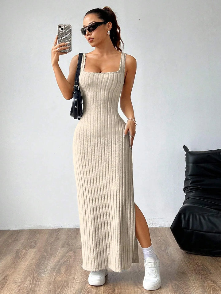 Women Ribbed Knit Maxi Dress Sleeveless Twist Back Cutout High Split Bodycon Long Dress