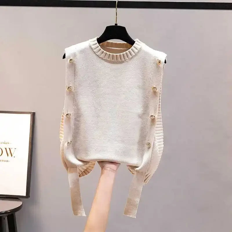 Black Knit Tops For Woman Red Winter Button Round O Neck Women&