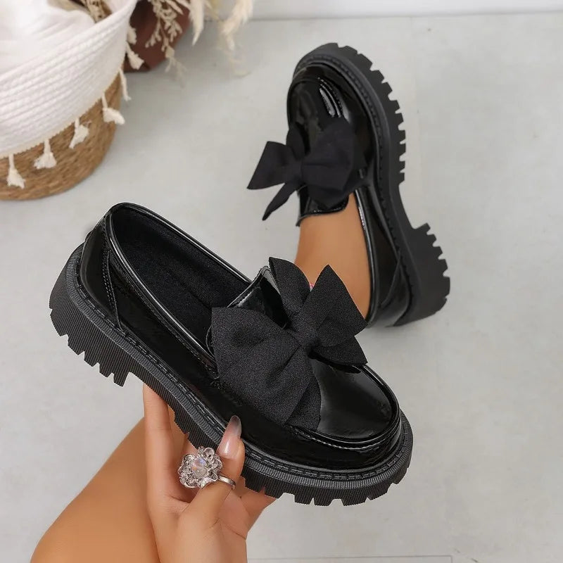 Women British Style Loafers bowknot Chunky Heel Leather Flats Autumn Slip-On Shoes Versatile Work Shoes Platform Oxford Shoes
