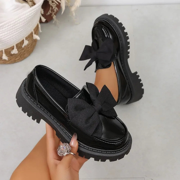 Women British Style Loafers bowknot Chunky Heel Leather Flats Autumn Slip-On Shoes Versatile Work Shoes Platform Oxford Shoes