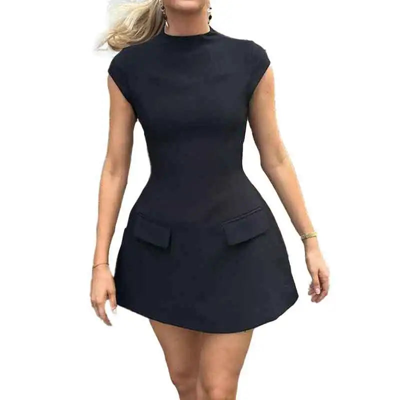 Spring Summer Elegant Solid Color Round Neck High Waist Slim Fit Dress Dresses