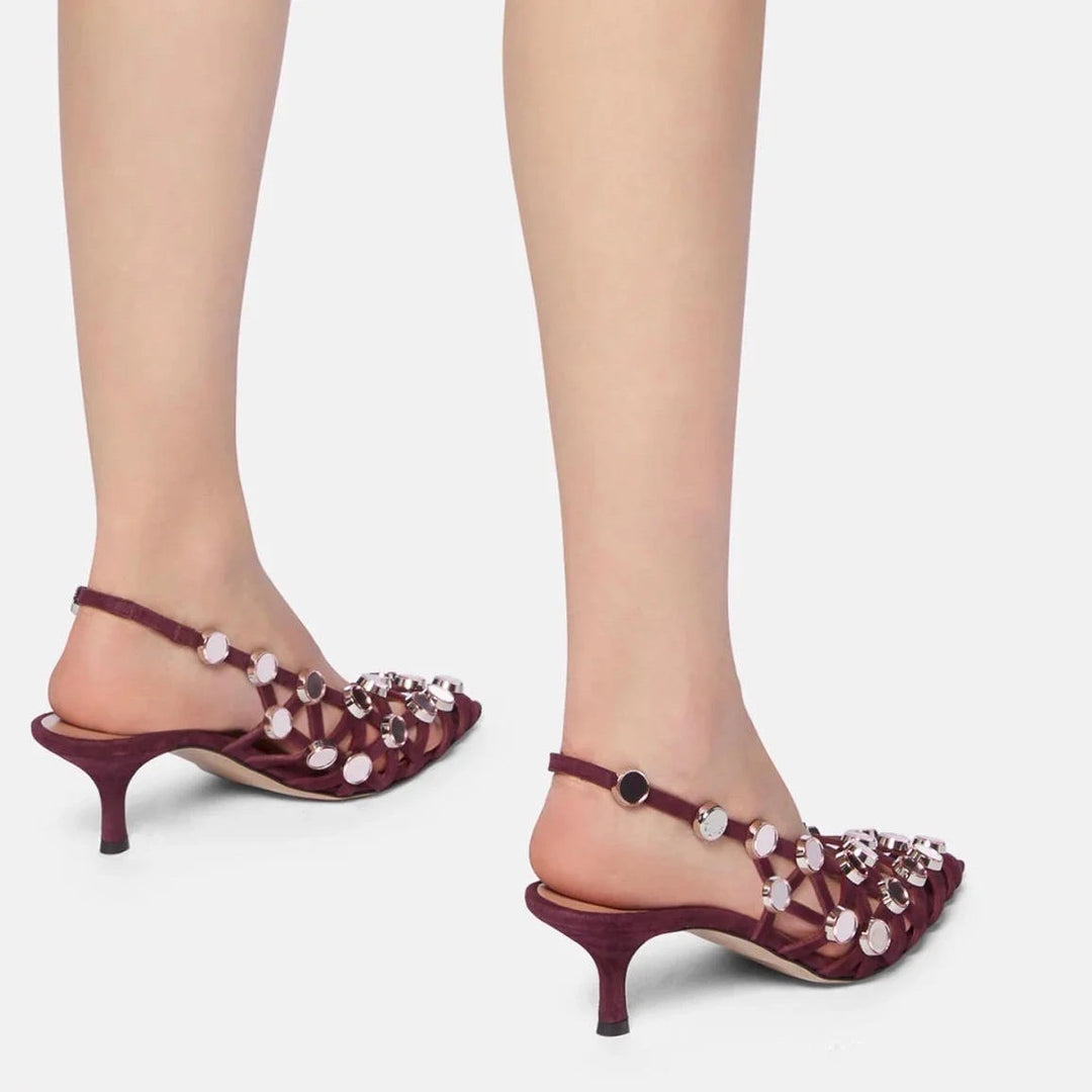 Summer Women Burgundy Suede Cutout Kitten Heel Slingback Sandals Metal Disc Decoration Pointed Toe Elegant Evening Party Pumps