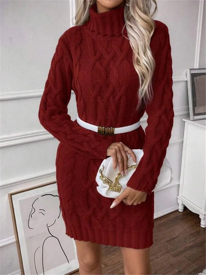 Sweater Dresses Women Autumn Twisted Ribbed Knitted Long Sleeve Turtleneck Mini Casual Solid Dresses Winter Streetwear
