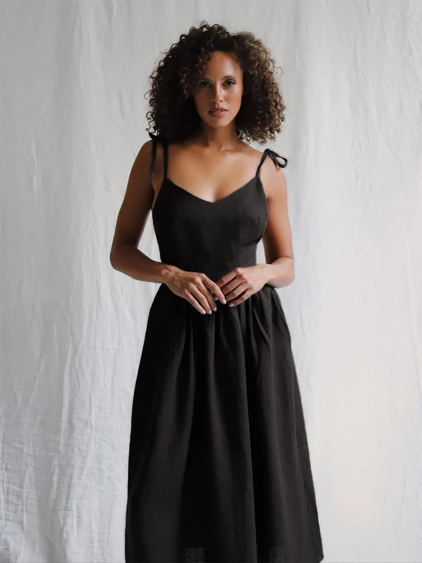 WXOY Cotton Backless Maxi Dress French Style Spaghetti Strap Solid Color Elegant Holiday Sleeveless Sundress Vacation Outfit