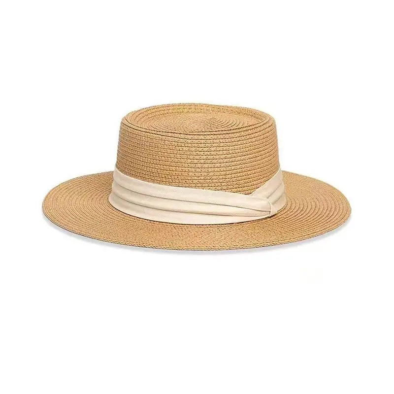 Straw Hat Women French Style Flat Top Wide Brim Sun Protective Hat Summer Beach Vacation Travel FashionHot