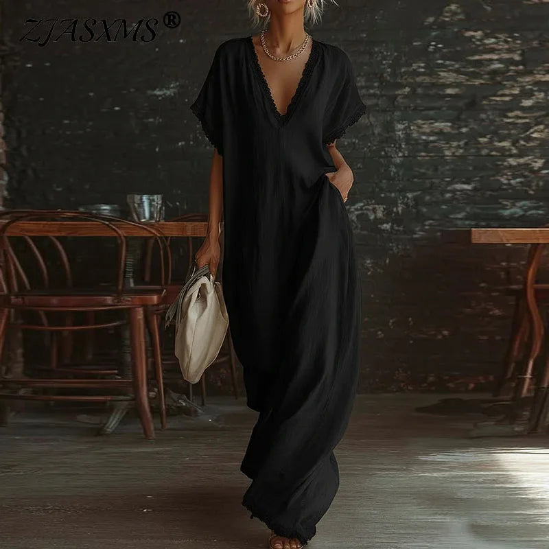 Comfy Loose Fit Linen Cotton Maxi Dress Women Elegant V Neck Lace Trim Casual Dress Spring Summer Short Sleeve Pocket Boho Dress