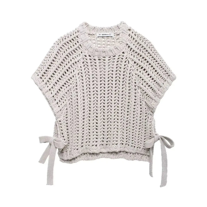 Hollow Out Knit Pullover Women Casual Round Neck Lace Up Bow Sweater Female Autumn Short Sleeves Solid Knitwears Lady
