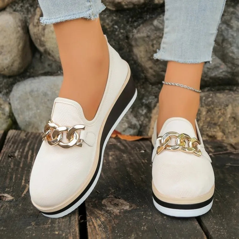 Womens Platform Loafers Wedge Shoe Gold Chain Decoration Round Toe Slip on Comfortable Walking Fashion Professional Office Style