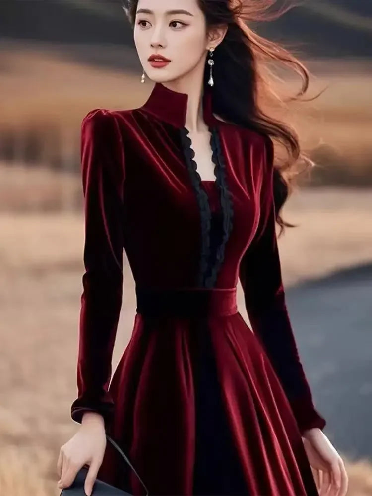 High Quality Red Velvet Dresses Women French Style Vintage Evening Party Vestidos Mujer Autumn Winter Elegant A-line Long Dress