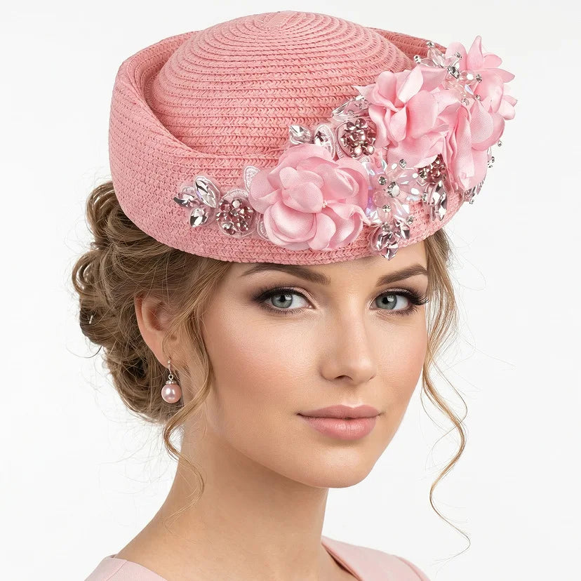 2026 Spring Summer Woven Straw Beret Cap Elegant Rhinestone Applique Fedora Cap Headwear French ‌Elegant Ladies Stewardess Hat‌