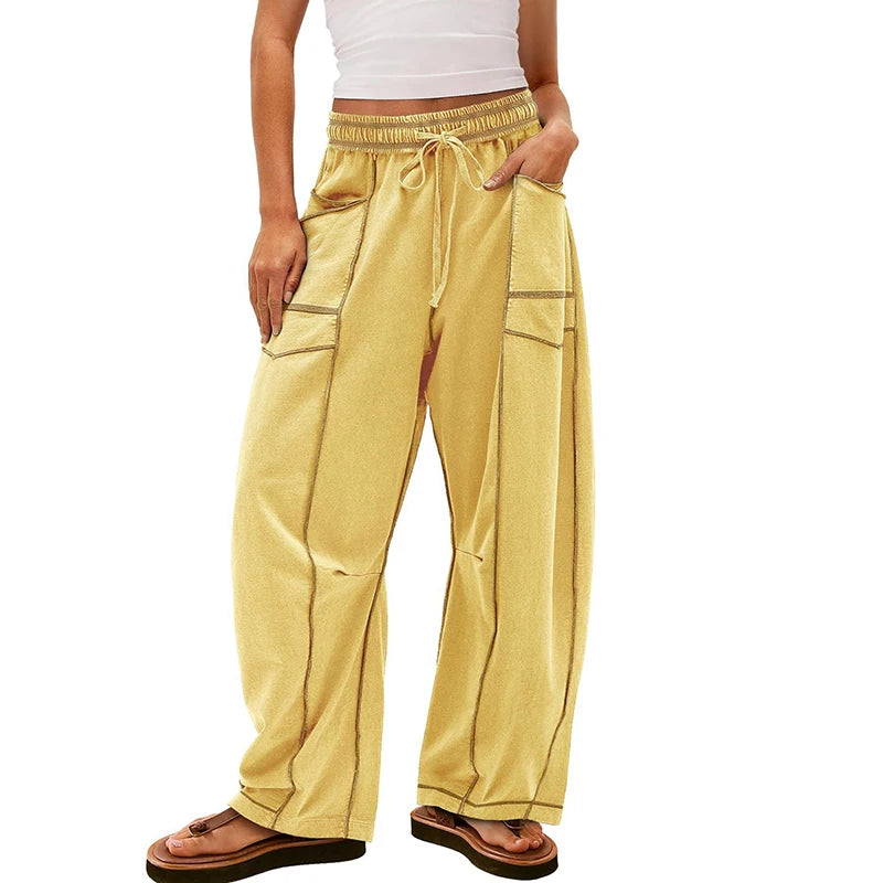 Fashion Women Casual Loose Wide Leg Pants Women Solid Color High Waist Drawstring Long Trousers Jogging Sportswear