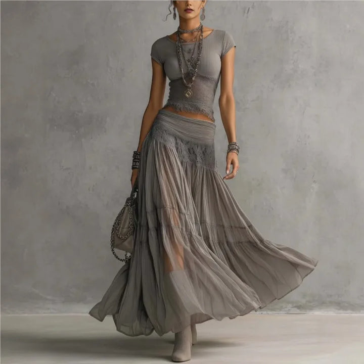 Chic Women Maxi Dress 2 Pieces Sets Solid Slim Fit Short Sleeved Top with Lace Splice Drawstring Elasticity High Waisted Skirt