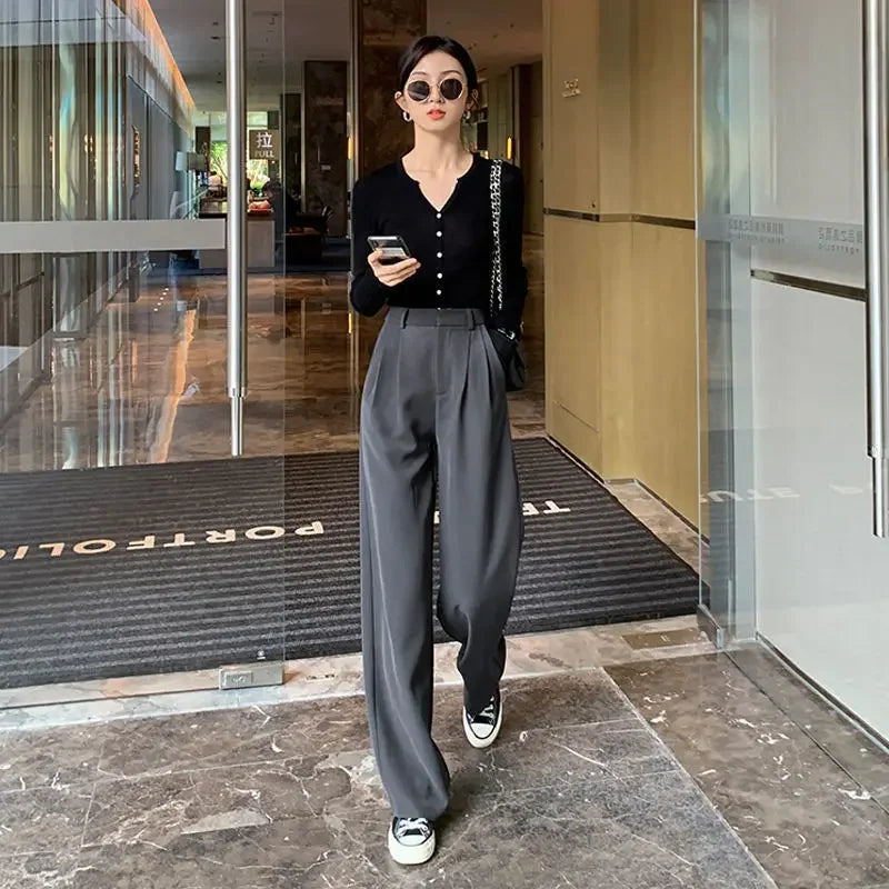 Straight Leg Brown with Pockets Trousers for Woman Black High Waist Tailoring Office Clothing Work Women&