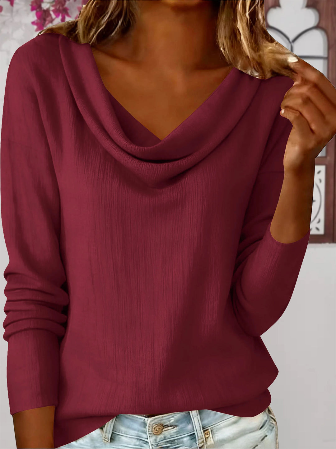 Elegant Fashion Cowl Neck Long Sleeve T-Shirt - Solid Color Woven Linen Cotton Blend