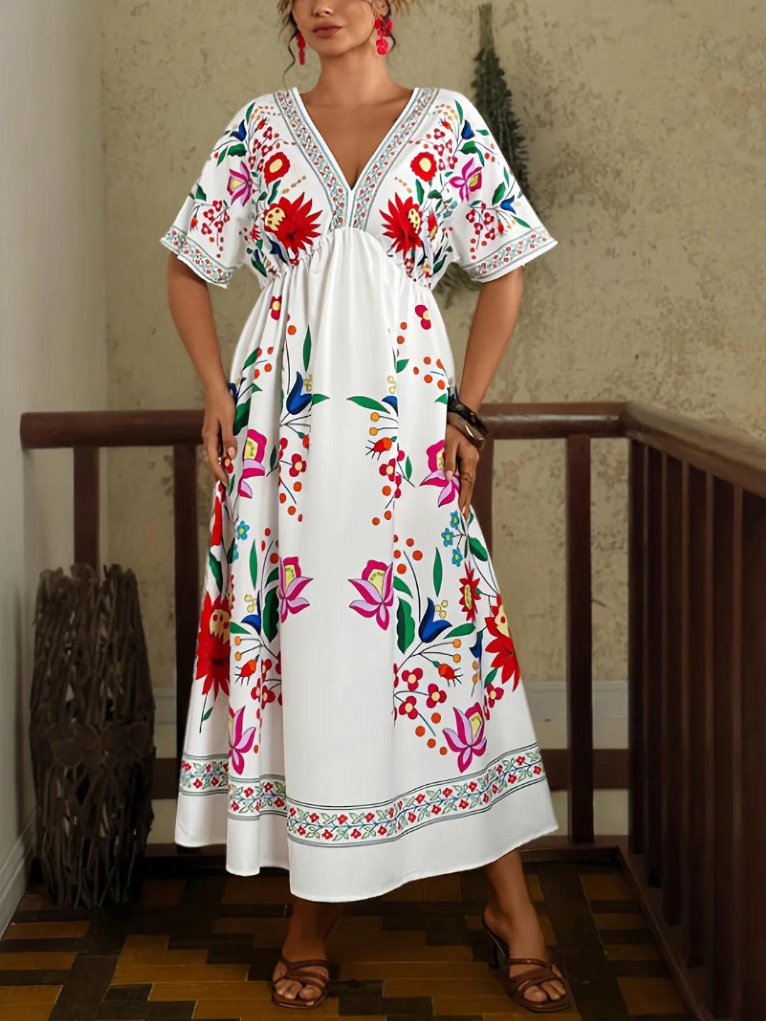 Elegant Bohemian Maxi Dress V-Neck Floral Print Spring Summer Women&
